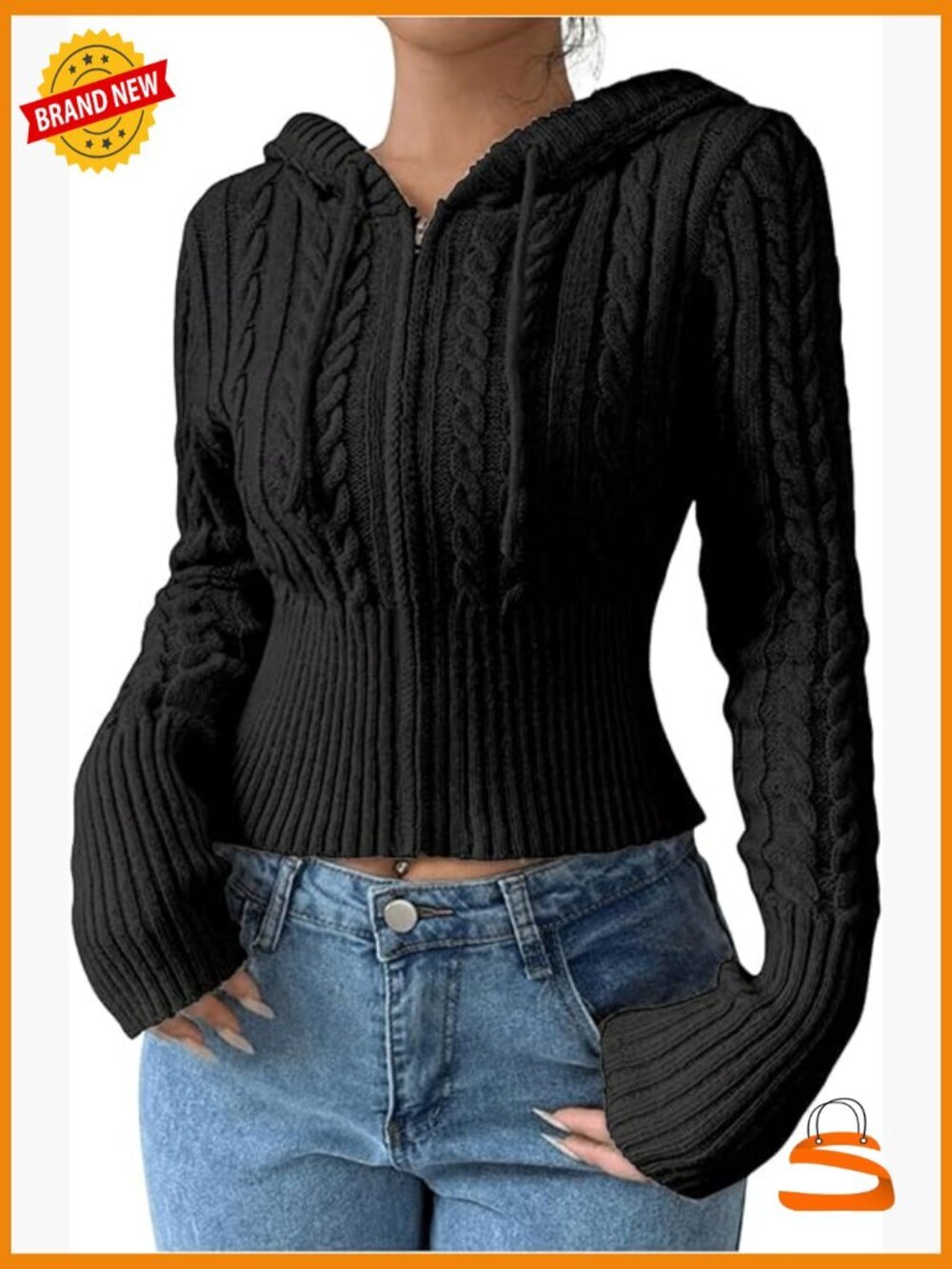 Cable Knit Zip Up Crop Cardigan Hoodie Y2K Fall Jacket